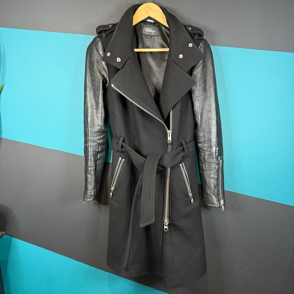 Mackage Dale Black Trench Coat with Leather Sleeves - Picture 7 of 16